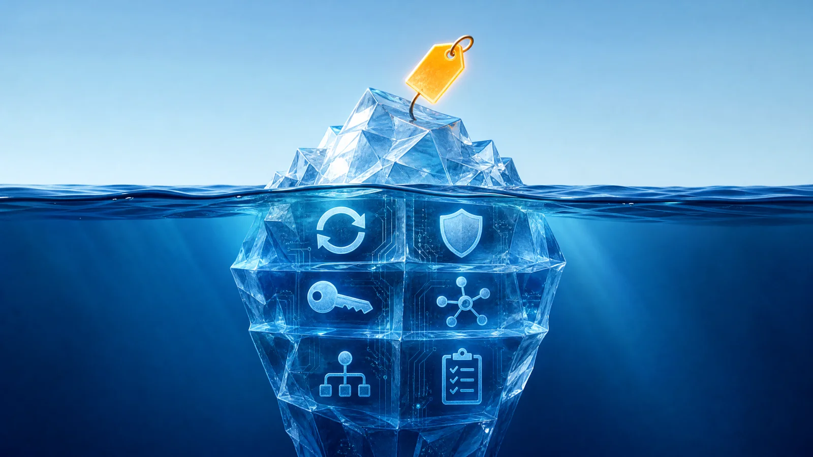 Iceberg diagram with a low price tag above water and renewal, privacy, security, DNS, and compliance costs below