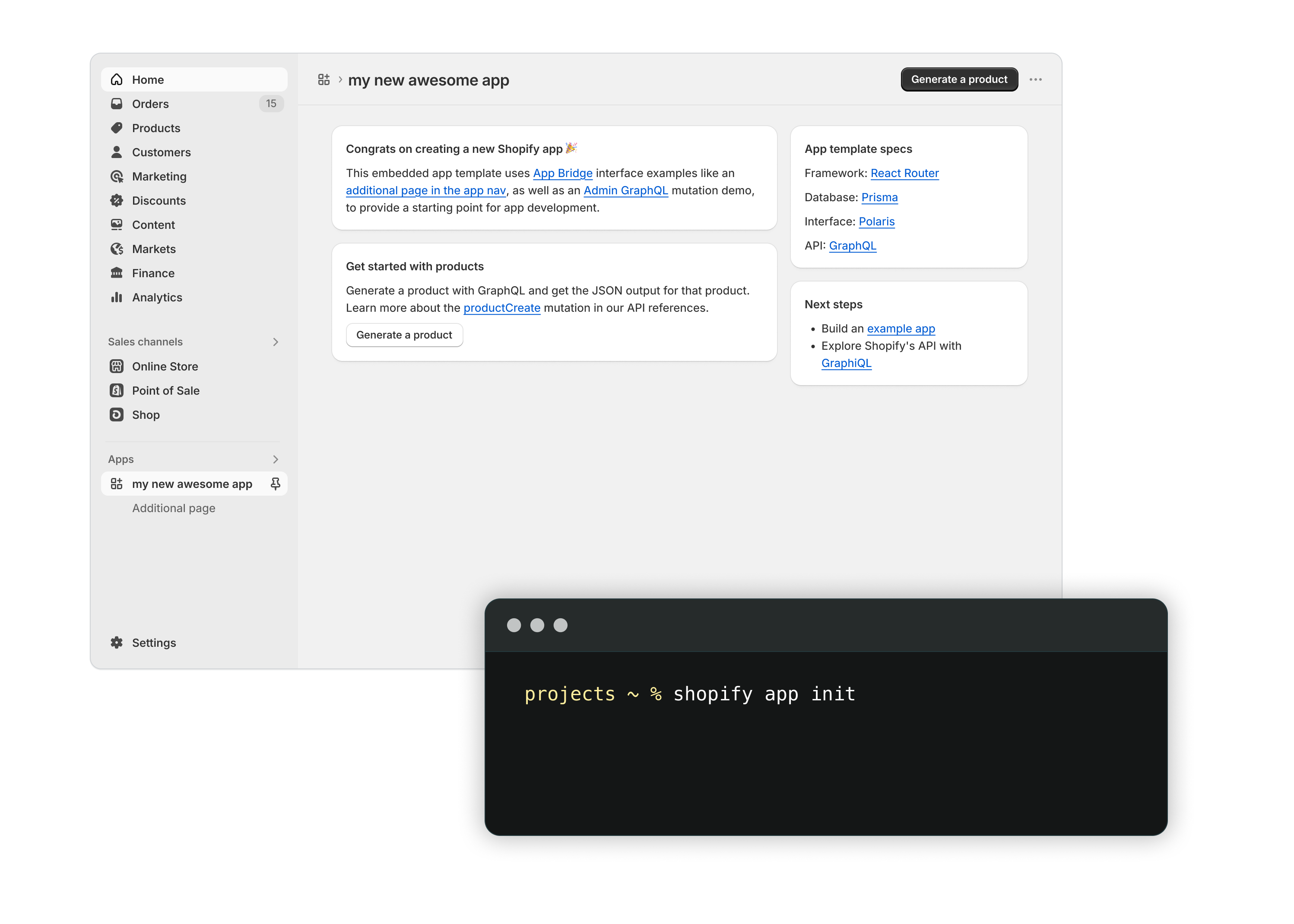 Shopify's embedded app template with the shopify app init command